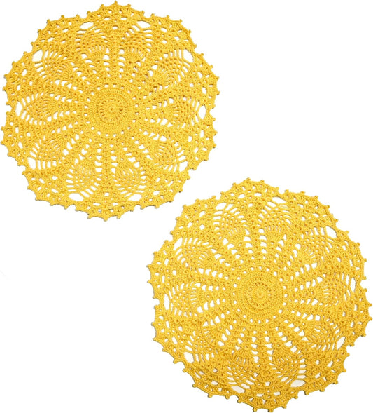 Lace Doilies Crochet Handmade Lace Coasters Round Placemat Rustic Table Doilies Decors for Kitchen Dining Room Party Dressers (11 inches to 12 inches,Pack of 2 PCS, Yellow)