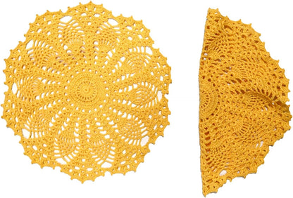 Lace Doilies Crochet Handmade Lace Coasters Round Placemat Rustic Table Doilies Decors for Kitchen Dining Room Party Dressers (11 inches to 12 inches,Pack of 2 PCS, Yellow)