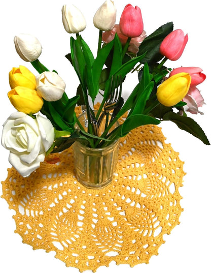 Lace Doilies Crochet Handmade Lace Coasters Round Placemat Rustic Table Doilies Decors for Kitchen Dining Room Party Dressers (11 inches to 12 inches,Pack of 2 PCS, Yellow)