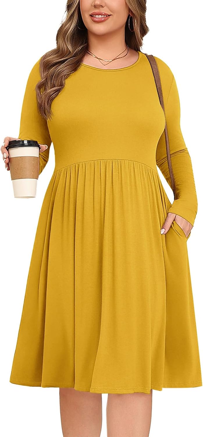 Women's Plus Size Dresses Long Sleeves Crew Neck Casual Dresses Empire Waist Loose Flowy Dress with Pockets
