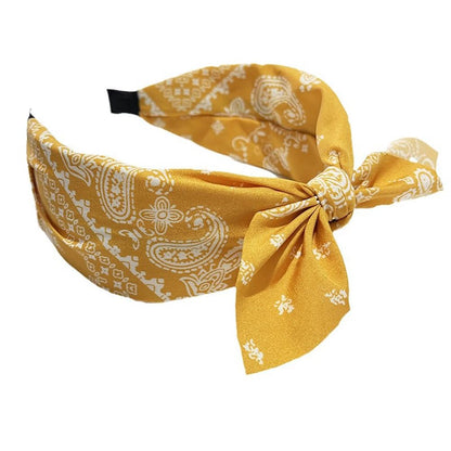 Yellow Bow Headbands Boho Paisley Bandana Hair Bands with Knotted Bow & Rabbit Ear Fabric Printed Bow Knot Headbands Party Hair Band Accessories Yellow White Flower Hairband for Women 1PC