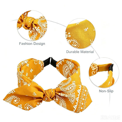 Yellow Bow Headbands Boho Paisley Bandana Hair Bands with Knotted Bow & Rabbit Ear Fabric Printed Bow Knot Headbands Party Hair Band Accessories Yellow White Flower Hairband for Women 1PC
