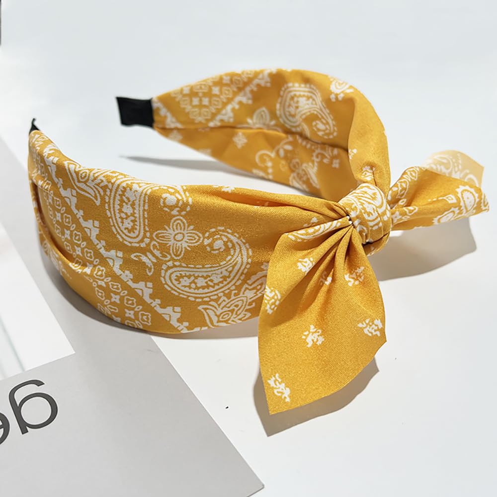 Yellow Bow Headbands Boho Paisley Bandana Hair Bands with Knotted Bow & Rabbit Ear Fabric Printed Bow Knot Headbands Party Hair Band Accessories Yellow White Flower Hairband for Women 1PC