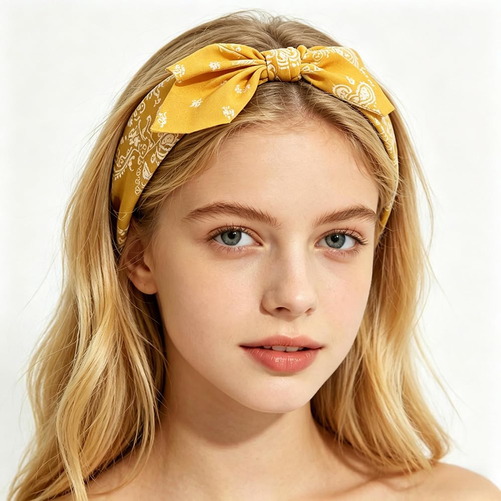 Yellow Bow Headbands Boho Paisley Bandana Hair Bands with Knotted Bow & Rabbit Ear Fabric Printed Bow Knot Headbands Party Hair Band Accessories Yellow White Flower Hairband for Women 1PC