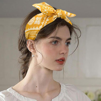 Yellow Bow Headbands Boho Paisley Bandana Hair Bands with Knotted Bow & Rabbit Ear Fabric Printed Bow Knot Headbands Party Hair Band Accessories Yellow White Flower Hairband for Women 1PC