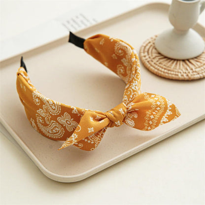 Yellow Bow Headbands Boho Paisley Bandana Hair Bands with Knotted Bow & Rabbit Ear Fabric Printed Bow Knot Headbands Party Hair Band Accessories Yellow White Flower Hairband for Women 1PC