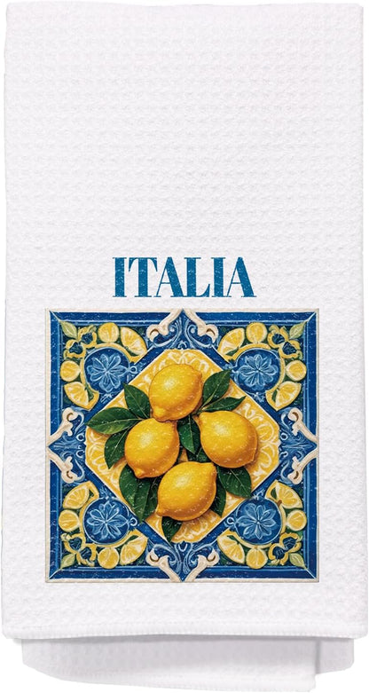 Italian Lemon Kitchen Towels, Italian Gifts for Women Dish Tea Towels for Kitchen, Traditional Italiana Ceramic Tiles Lemons Decorative Hand Towel, 16x24 Inch