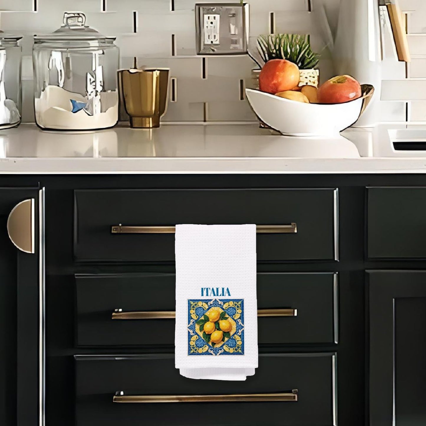 Italian Lemon Kitchen Towels, Italian Gifts for Women Dish Tea Towels for Kitchen, Traditional Italiana Ceramic Tiles Lemons Decorative Hand Towel, 16x24 Inch