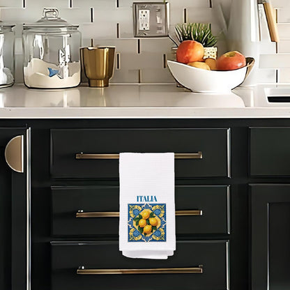 Italian Lemon Kitchen Towels, Italian Gifts for Women Dish Tea Towels for Kitchen, Traditional Italiana Ceramic Tiles Lemons Decorative Hand Towel, 16x24 Inch