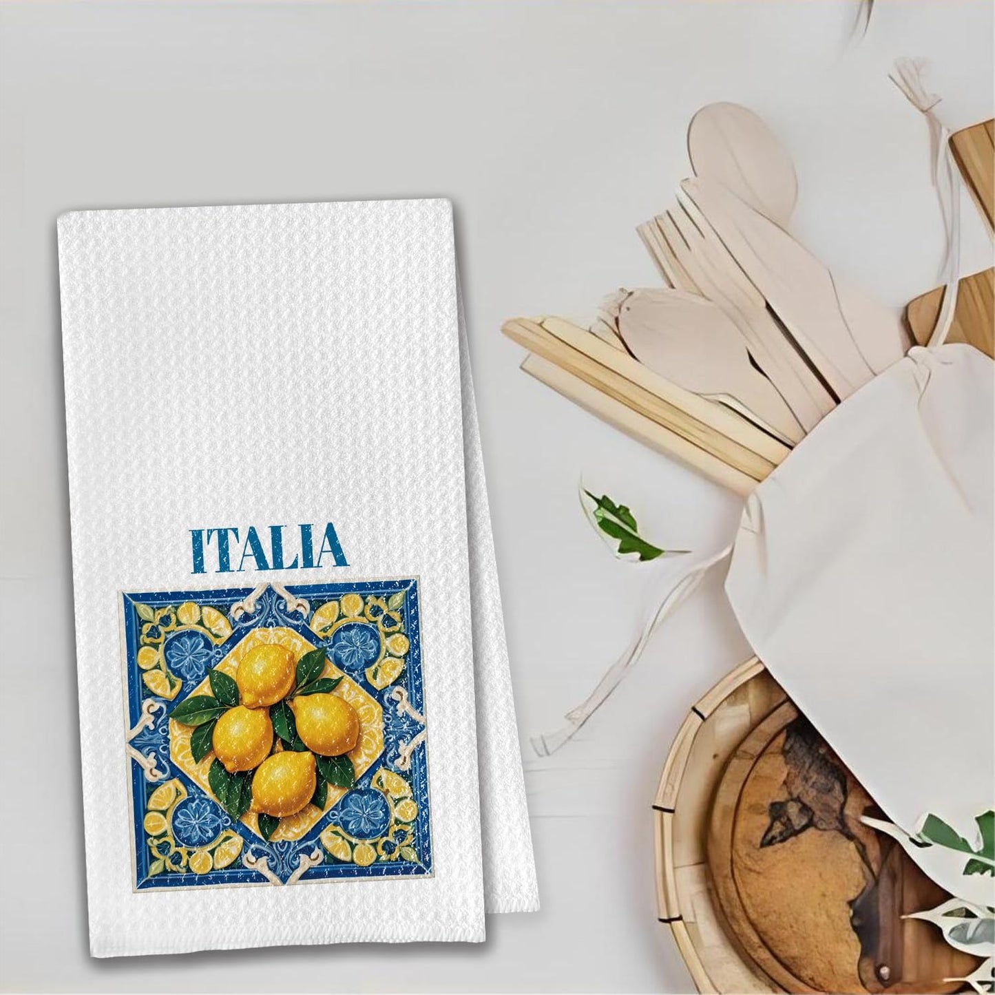 Italian Lemon Kitchen Towels, Italian Gifts for Women Dish Tea Towels for Kitchen, Traditional Italiana Ceramic Tiles Lemons Decorative Hand Towel, 16x24 Inch