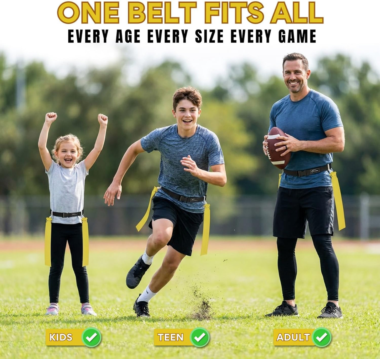 Adjustable Flag Football Belt Set, One Size Fits All | Pop-release flags for fast, fair calls; durable woven material resists tears; great value for kids, youth & adult teams