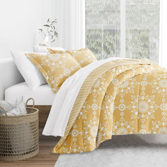 Comforter Set Patterned Microfiber All Season Down-Alternative Ultra Soft Bedding in Daisy Medallion - Full/Queen Daisy Medallion Yellow