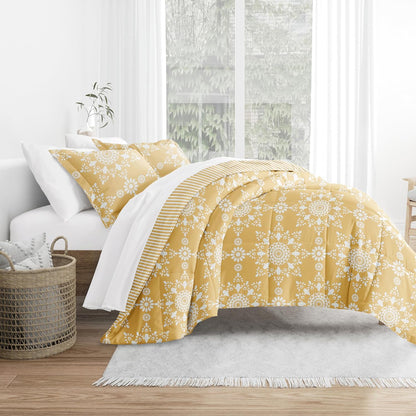 Comforter Set Patterned Microfiber All Season Down-Alternative Ultra Soft Bedding in Daisy Medallion - Full/Queen Daisy Medallion Yellow