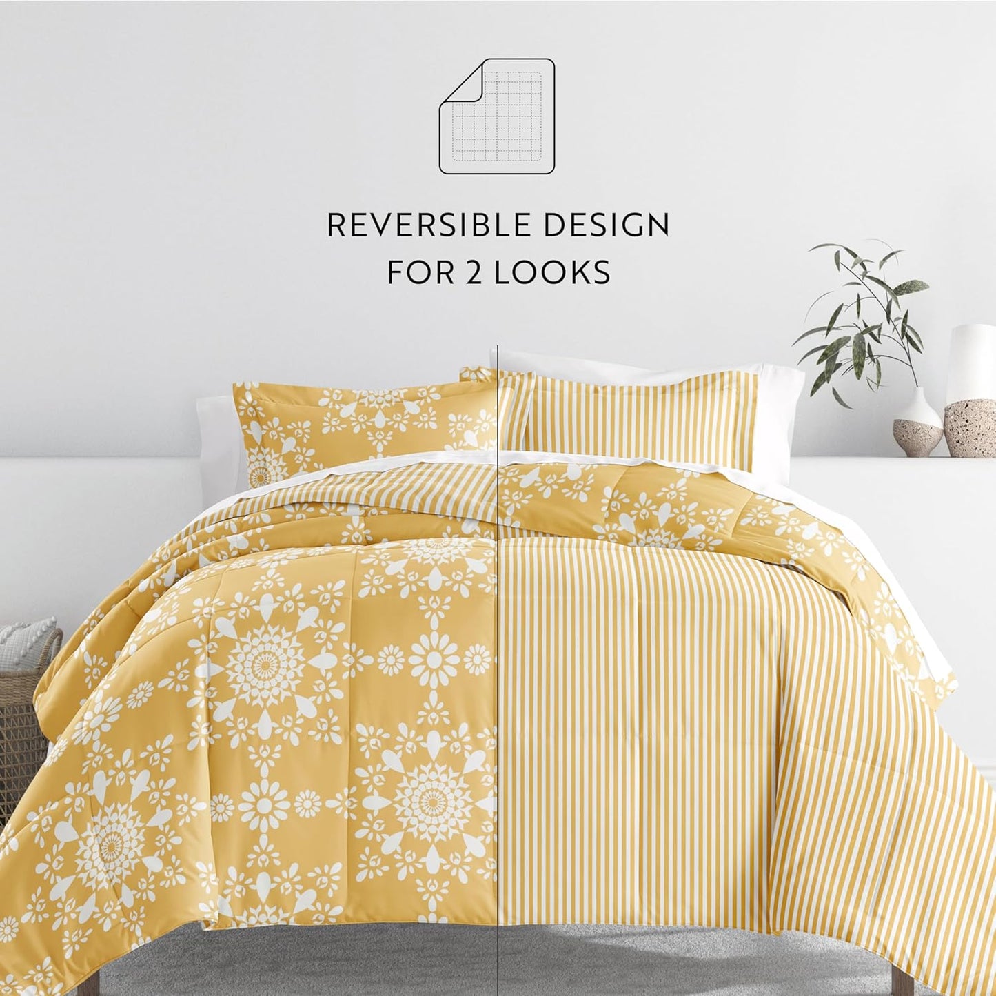 Comforter Set Patterned Microfiber All Season Down-Alternative Ultra Soft Bedding in Daisy Medallion - Full/Queen Daisy Medallion Yellow