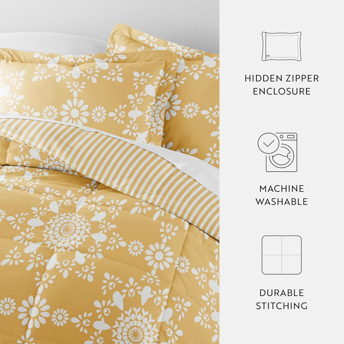 Comforter Set Patterned Microfiber All Season Down-Alternative Ultra Soft Bedding in Daisy Medallion - Full/Queen Daisy Medallion Yellow
