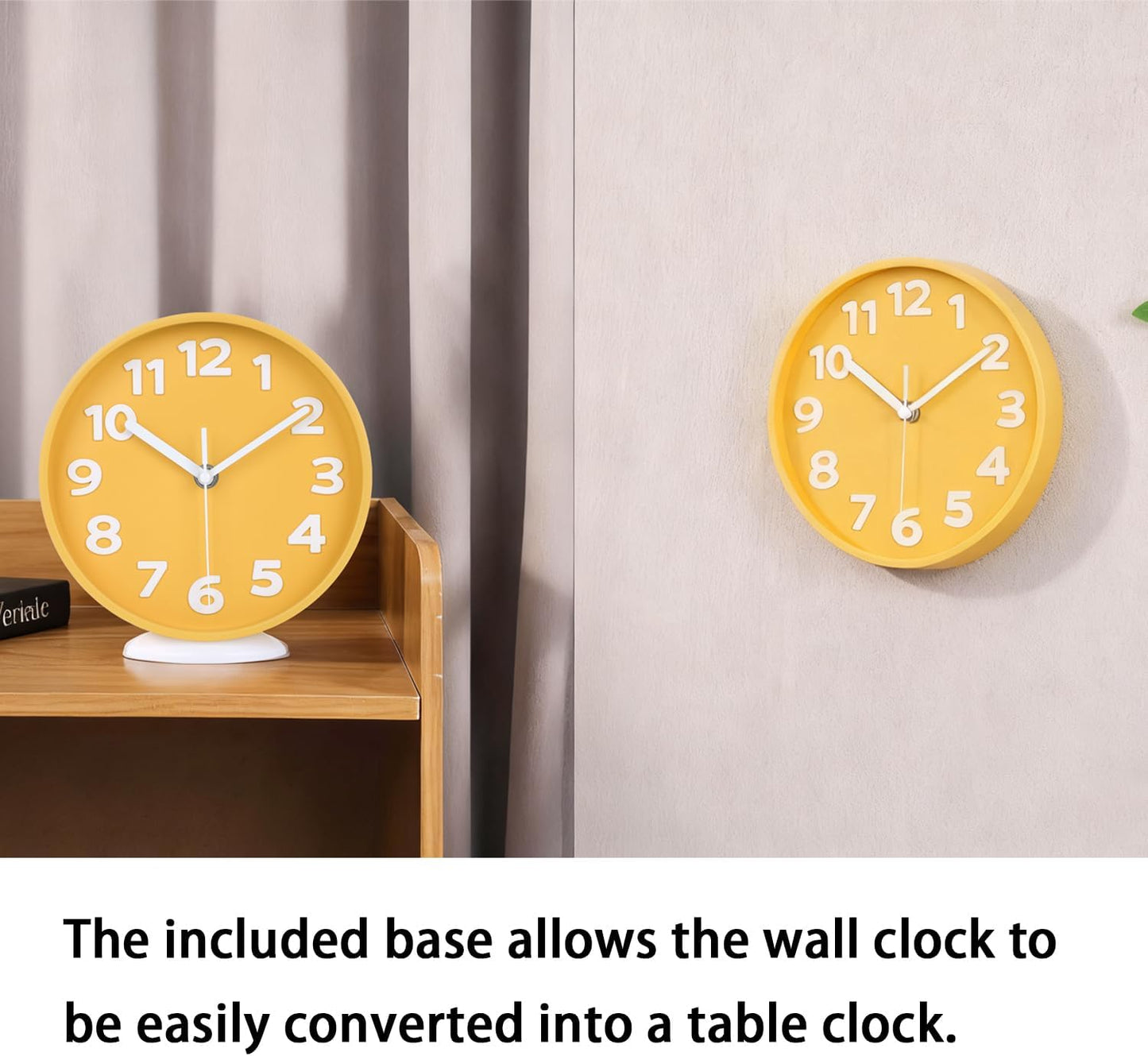 8 Inch Vibrant Yellow Modern Wall Clock – Silent Non-Ticking, Bold 3D Numbers, Precise Quartz Movement | Decorative Desk & Wall Clock with Stand for Home, Kitchen, Bedroom, or Office