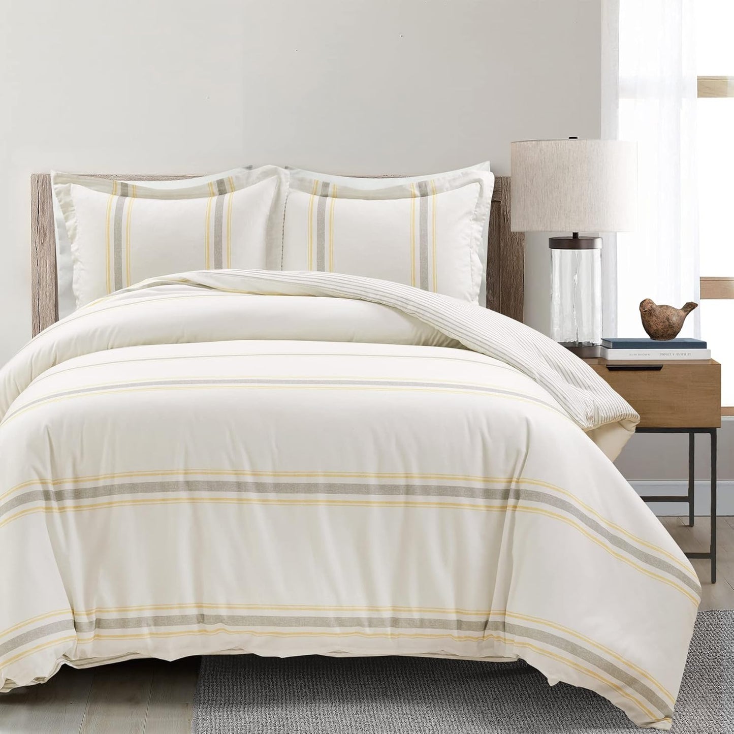 Farmhouse Stripe Reversible Cotton Duvet Cover Set, 3 Piece Set, King, Yellow & Black - Bedding Set - Striped Duvet Cover King Size - Farmhouse Decor