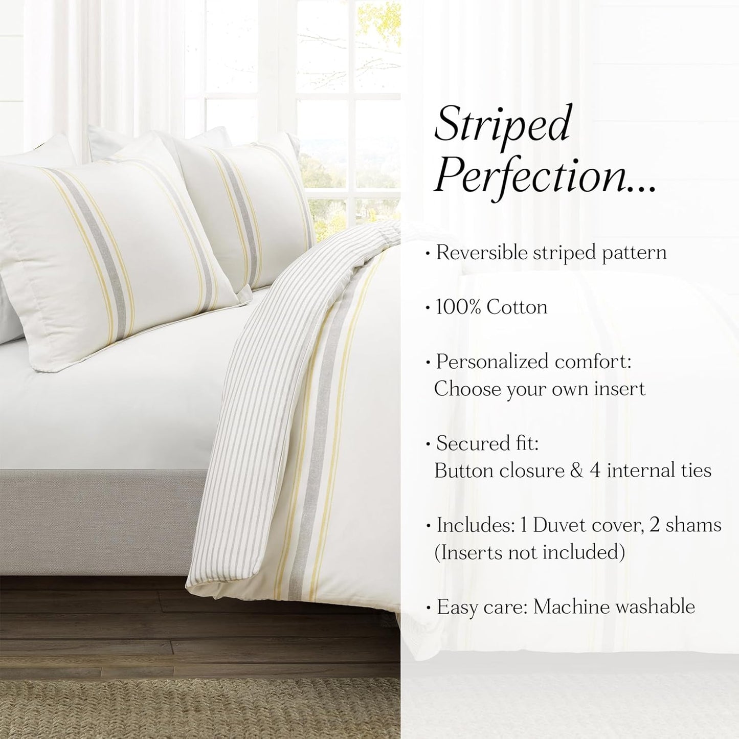 Farmhouse Stripe Reversible Cotton Duvet Cover Set, 3 Piece Set, King, Yellow & Black - Bedding Set - Striped Duvet Cover King Size - Farmhouse Decor
