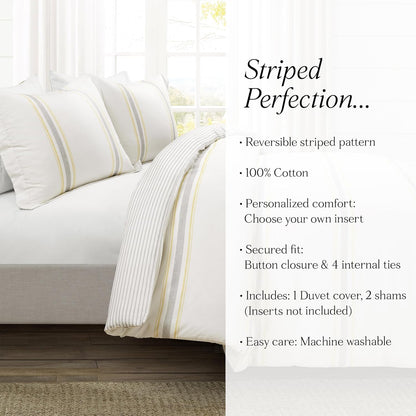 Farmhouse Stripe Reversible Cotton Duvet Cover Set, 3 Piece Set, King, Yellow & Black - Bedding Set - Striped Duvet Cover King Size - Farmhouse Decor