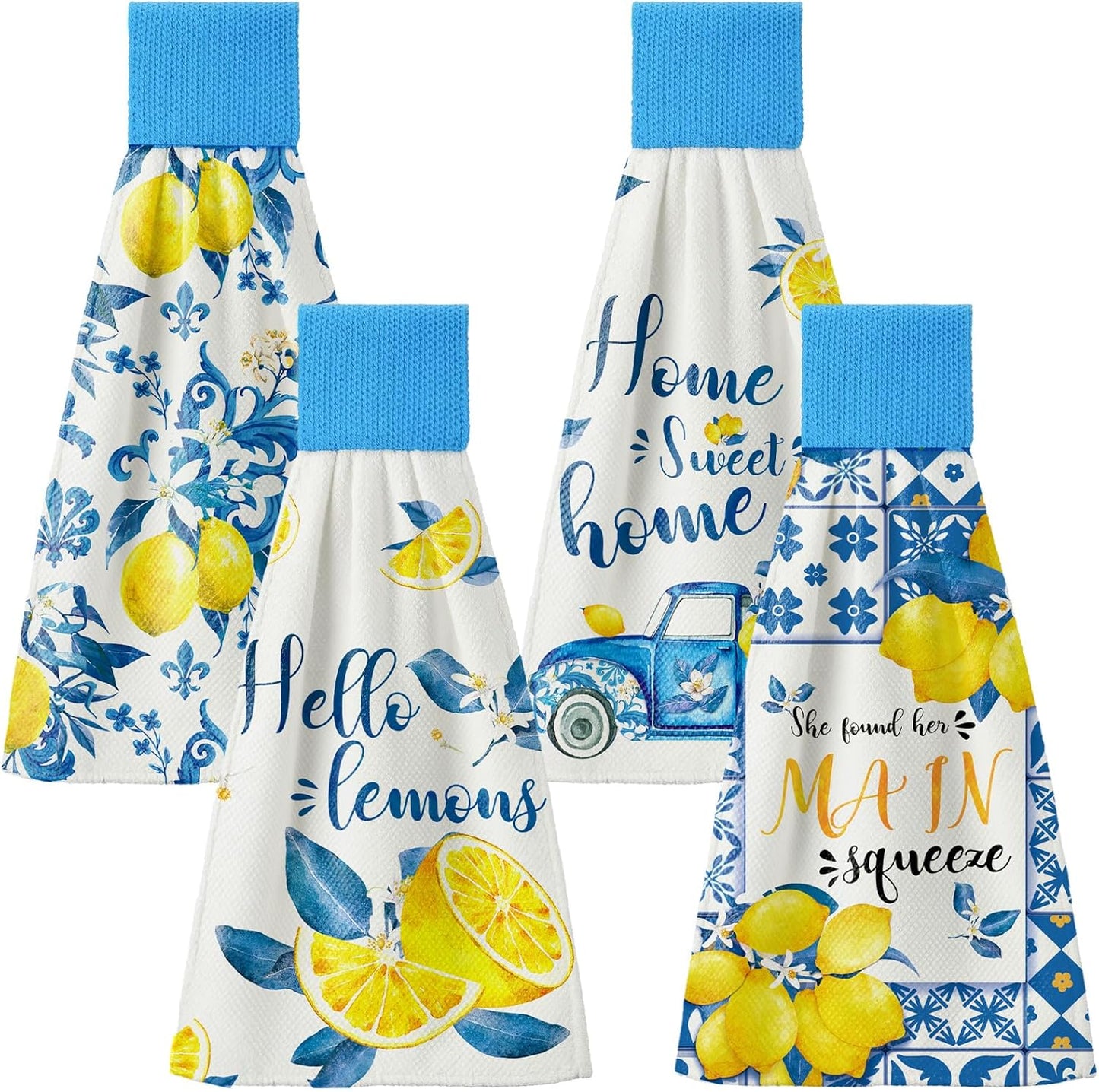 4 Pcs Lemon Hanging Kitchen Towels Lemon Hand Towels with Hanging Loop Yellow and Blue White Tea Towel Italian Amalfi Coast Decor Farmhouse Housewarming Gift for Kitchen Oven Stove Home Decor