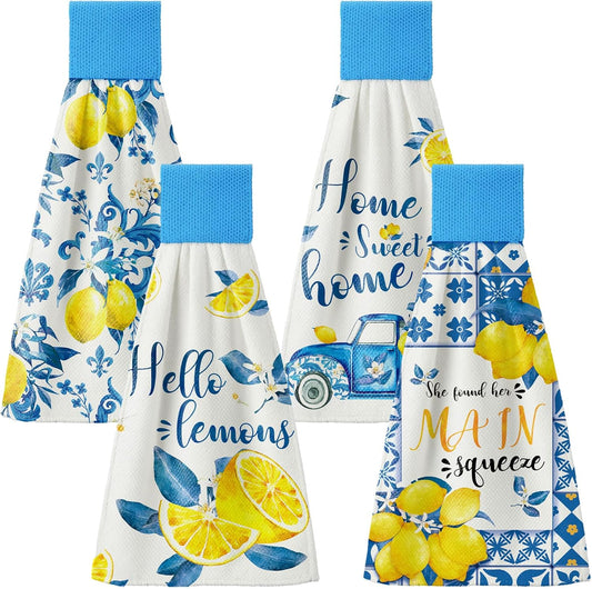 4 Pcs Lemon Hanging Kitchen Towels Lemon Hand Towels with Hanging Loop Yellow and Blue White Tea Towel Italian Amalfi Coast Decor Farmhouse Housewarming Gift for Kitchen Oven Stove Home Decor
