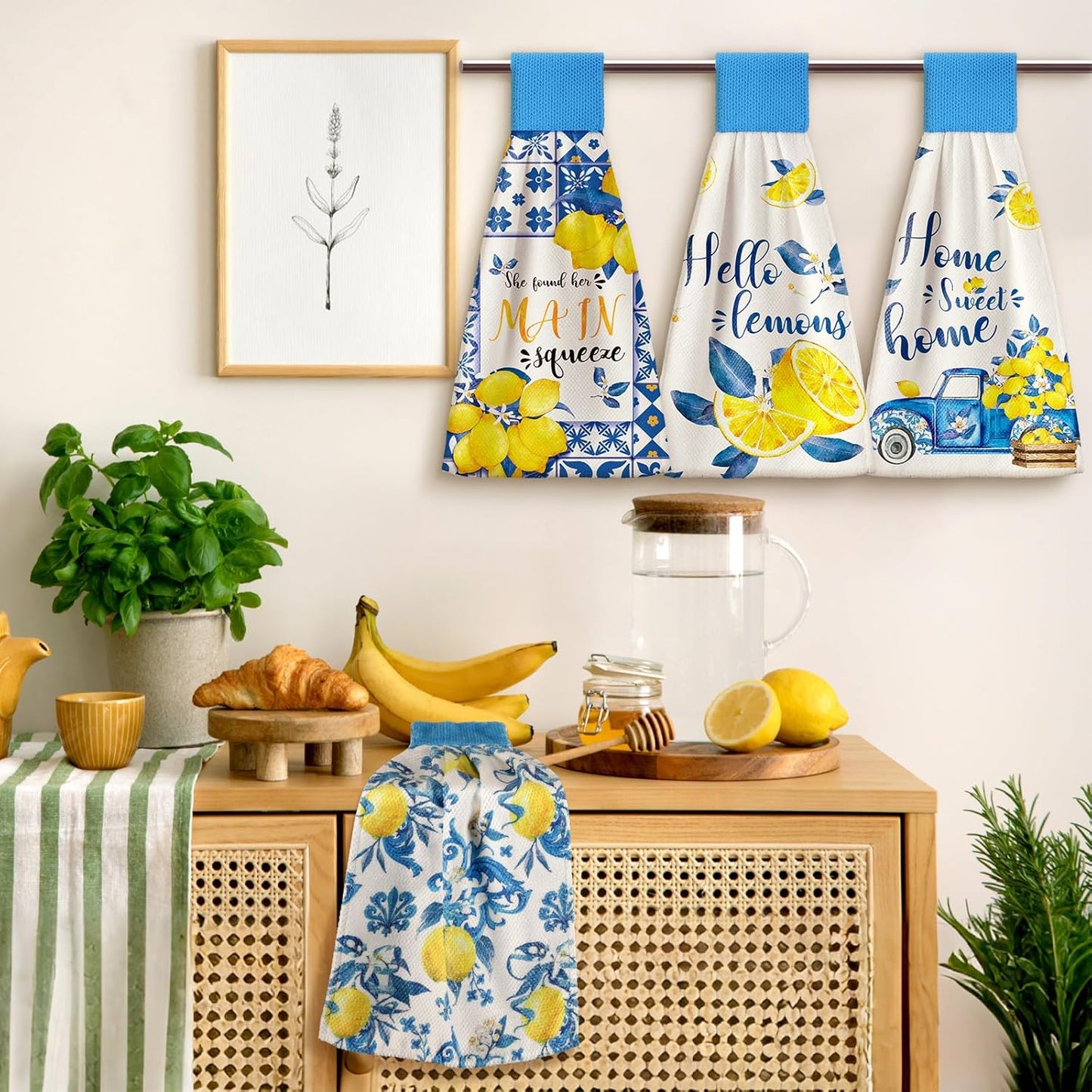 4 Pcs Lemon Hanging Kitchen Towels Lemon Hand Towels with Hanging Loop Yellow and Blue White Tea Towel Italian Amalfi Coast Decor Farmhouse Housewarming Gift for Kitchen Oven Stove Home Decor