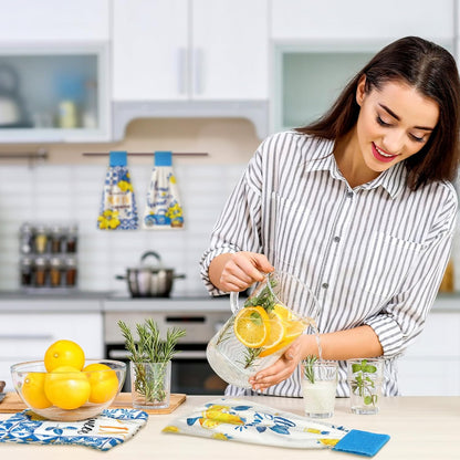 4 Pcs Lemon Hanging Kitchen Towels Lemon Hand Towels with Hanging Loop Yellow and Blue White Tea Towel Italian Amalfi Coast Decor Farmhouse Housewarming Gift for Kitchen Oven Stove Home Decor