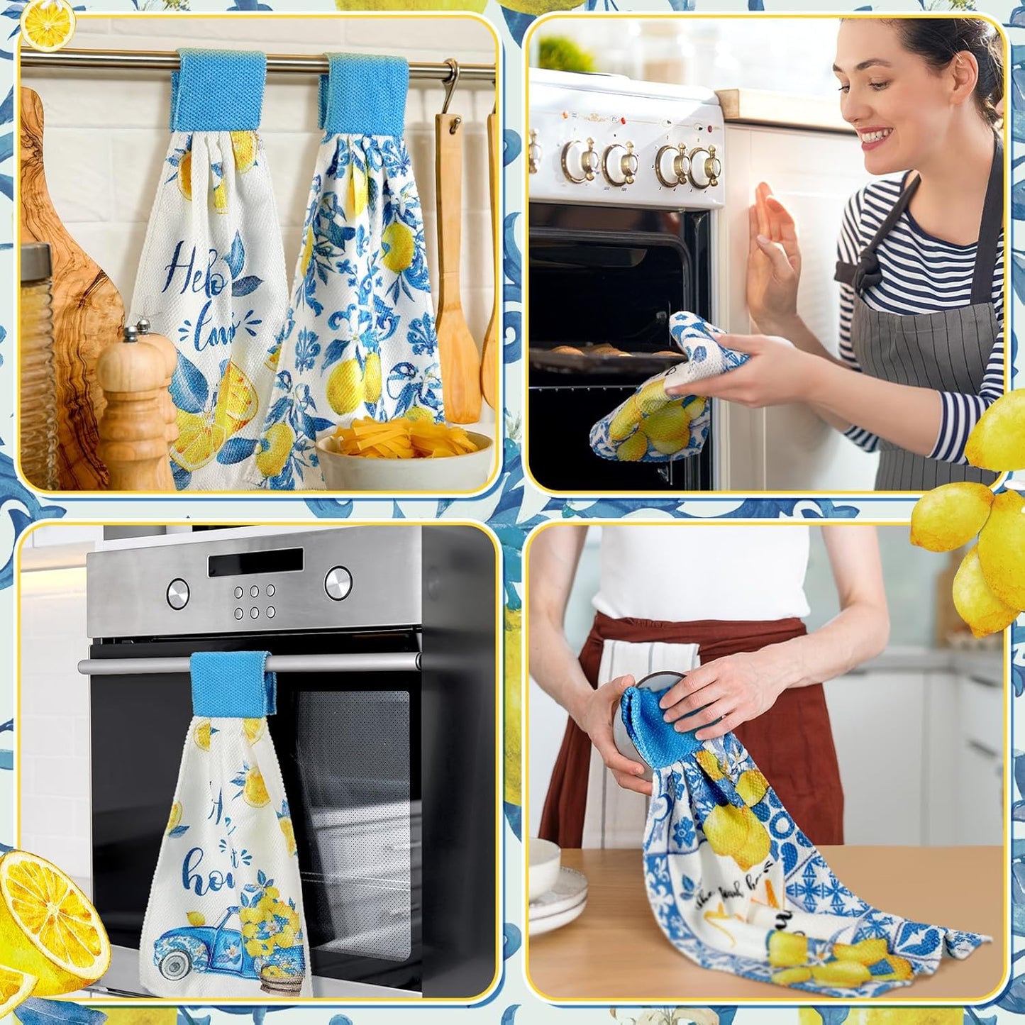 4 Pcs Lemon Hanging Kitchen Towels Lemon Hand Towels with Hanging Loop Yellow and Blue White Tea Towel Italian Amalfi Coast Decor Farmhouse Housewarming Gift for Kitchen Oven Stove Home Decor