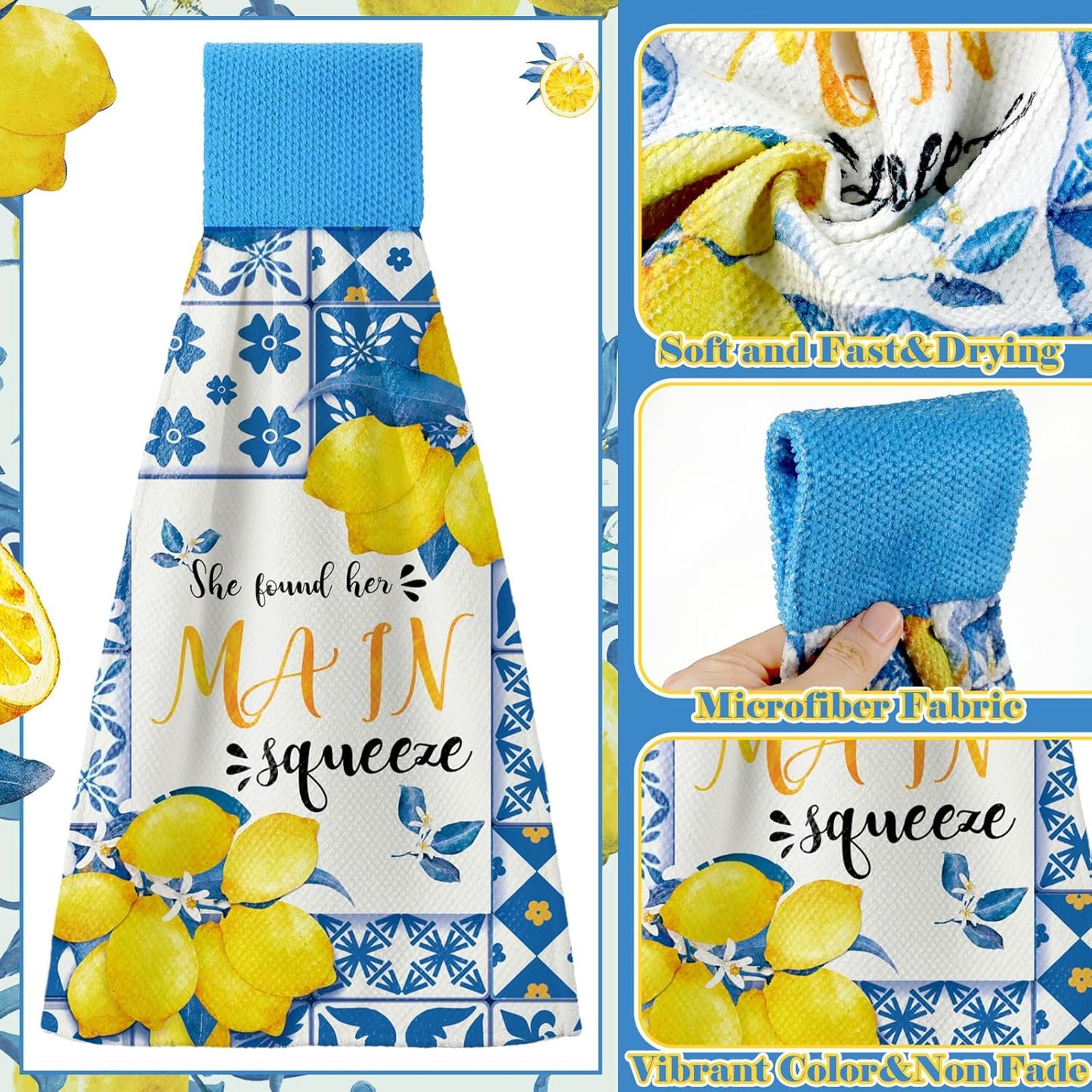 4 Pcs Lemon Hanging Kitchen Towels Lemon Hand Towels with Hanging Loop Yellow and Blue White Tea Towel Italian Amalfi Coast Decor Farmhouse Housewarming Gift for Kitchen Oven Stove Home Decor