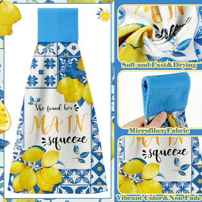4 Pcs Lemon Hanging Kitchen Towels Lemon Hand Towels with Hanging Loop Yellow and Blue White Tea Towel Italian Amalfi Coast Decor Farmhouse Housewarming Gift for Kitchen Oven Stove Home Decor