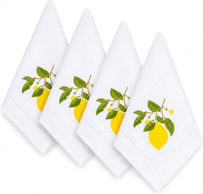 Embroidered Lemon Cloth Dinner Napkins Set of 4, 20x20 Inch Premium Cotton Linen Blend, Mediterranean Summer Table Decor, Reusable Fabric Napkins for Everyday Dining & Kitchen