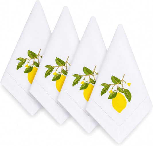 Embroidered Lemon Cloth Dinner Napkins Set of 4, 20x20 Inch Premium Cotton Linen Blend, Mediterranean Summer Table Decor, Reusable Fabric Napkins for Everyday Dining & Kitchen