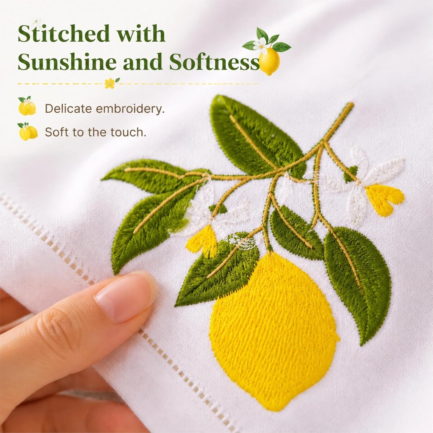 Embroidered Lemon Cloth Dinner Napkins Set of 4, 20x20 Inch Premium Cotton Linen Blend, Mediterranean Summer Table Decor, Reusable Fabric Napkins for Everyday Dining & Kitchen