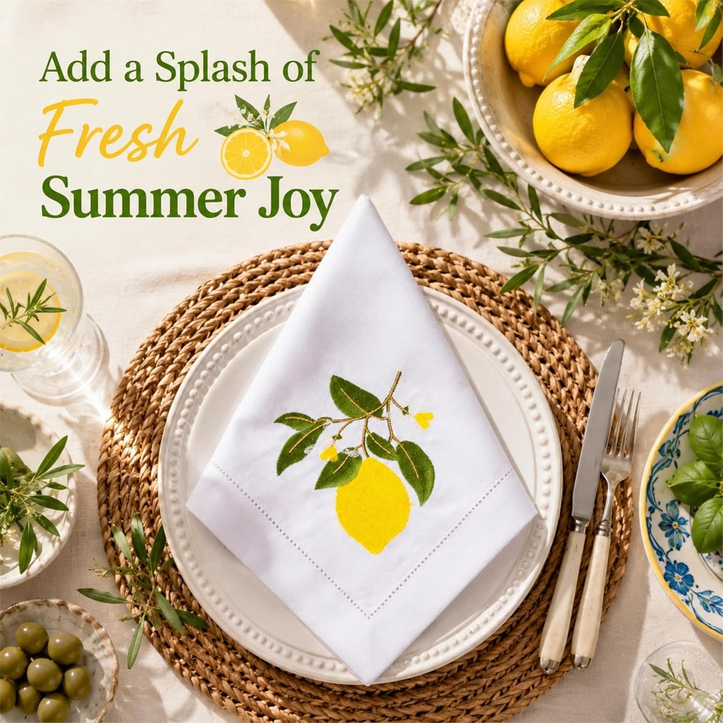 Embroidered Lemon Cloth Dinner Napkins Set of 4, 20x20 Inch Premium Cotton Linen Blend, Mediterranean Summer Table Decor, Reusable Fabric Napkins for Everyday Dining & Kitchen