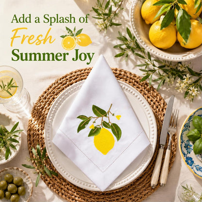 Embroidered Lemon Cloth Dinner Napkins Set of 4, 20x20 Inch Premium Cotton Linen Blend, Mediterranean Summer Table Decor, Reusable Fabric Napkins for Everyday Dining & Kitchen