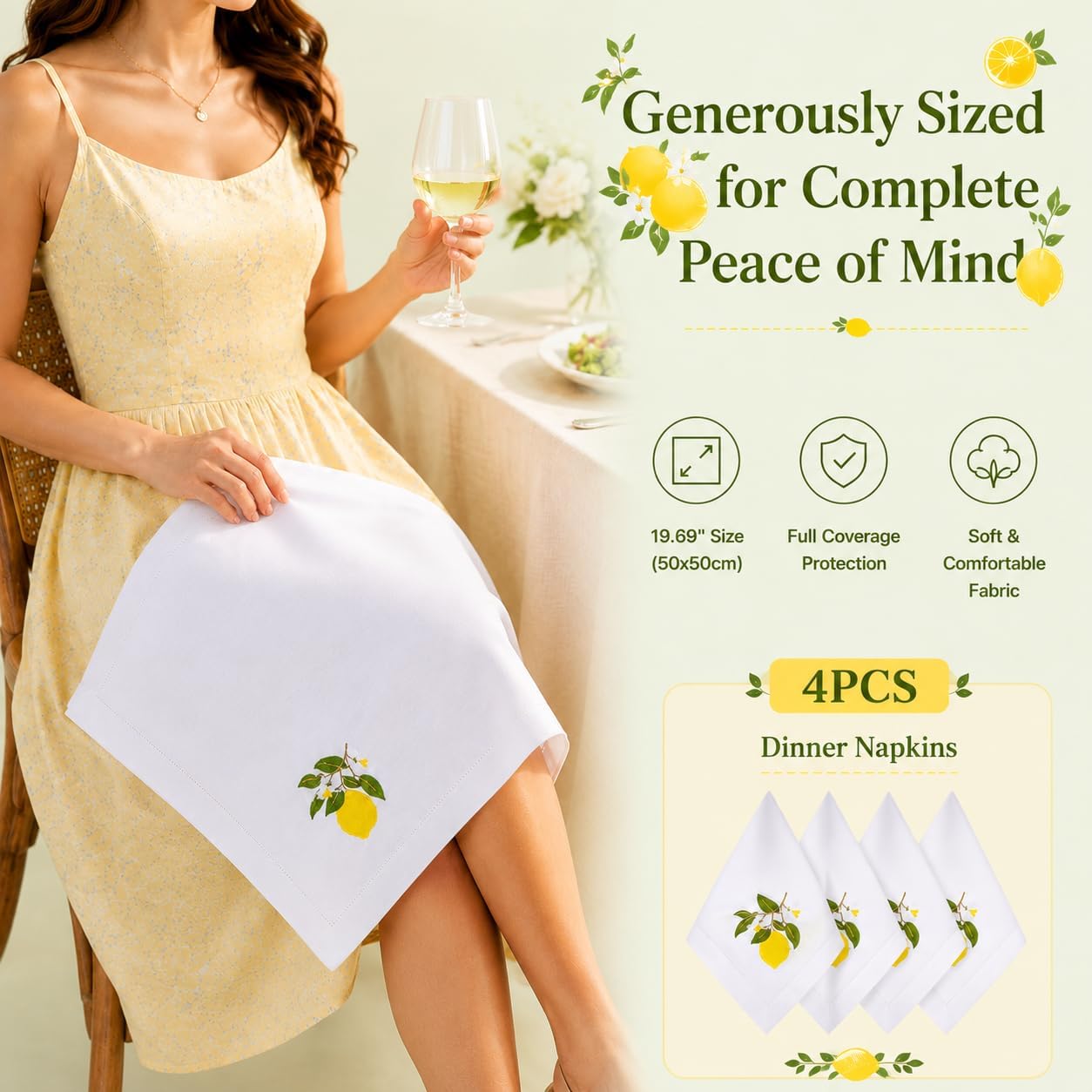 Embroidered Lemon Cloth Dinner Napkins Set of 4, 20x20 Inch Premium Cotton Linen Blend, Mediterranean Summer Table Decor, Reusable Fabric Napkins for Everyday Dining & Kitchen