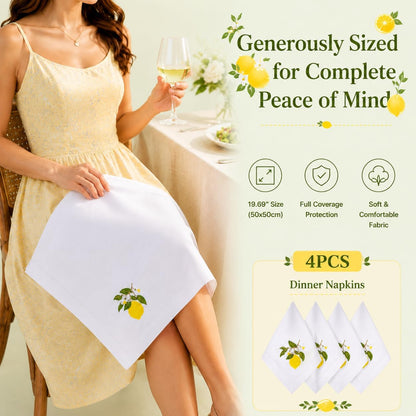 Embroidered Lemon Cloth Dinner Napkins Set of 4, 20x20 Inch Premium Cotton Linen Blend, Mediterranean Summer Table Decor, Reusable Fabric Napkins for Everyday Dining & Kitchen