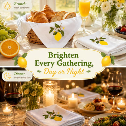 Embroidered Lemon Cloth Dinner Napkins Set of 4, 20x20 Inch Premium Cotton Linen Blend, Mediterranean Summer Table Decor, Reusable Fabric Napkins for Everyday Dining & Kitchen