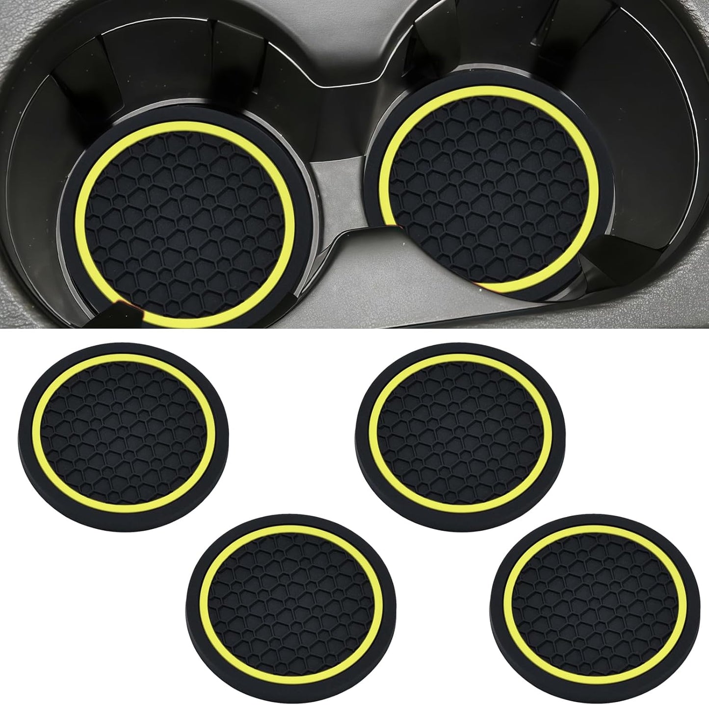 4PCS Car Cup Holder Coasters, 2.75 Inch Non-Slip Insert Water Bottle Holder Pads, Dustproof Automotive Interior Accessories Mat, Universal for Vehicles, Trucks, RVs and More (Yellow)
