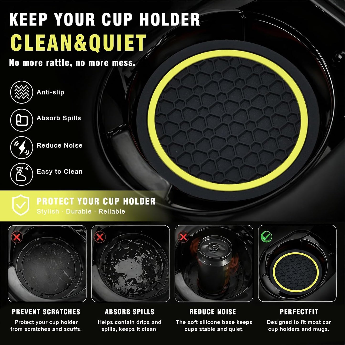 4PCS Car Cup Holder Coasters, 2.75 Inch Non-Slip Insert Water Bottle Holder Pads, Dustproof Automotive Interior Accessories Mat, Universal for Vehicles, Trucks, RVs and More (Yellow)