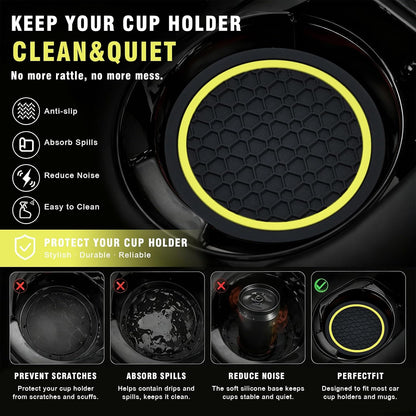 4PCS Car Cup Holder Coasters, 2.75 Inch Non-Slip Insert Water Bottle Holder Pads, Dustproof Automotive Interior Accessories Mat, Universal for Vehicles, Trucks, RVs and More (Yellow)