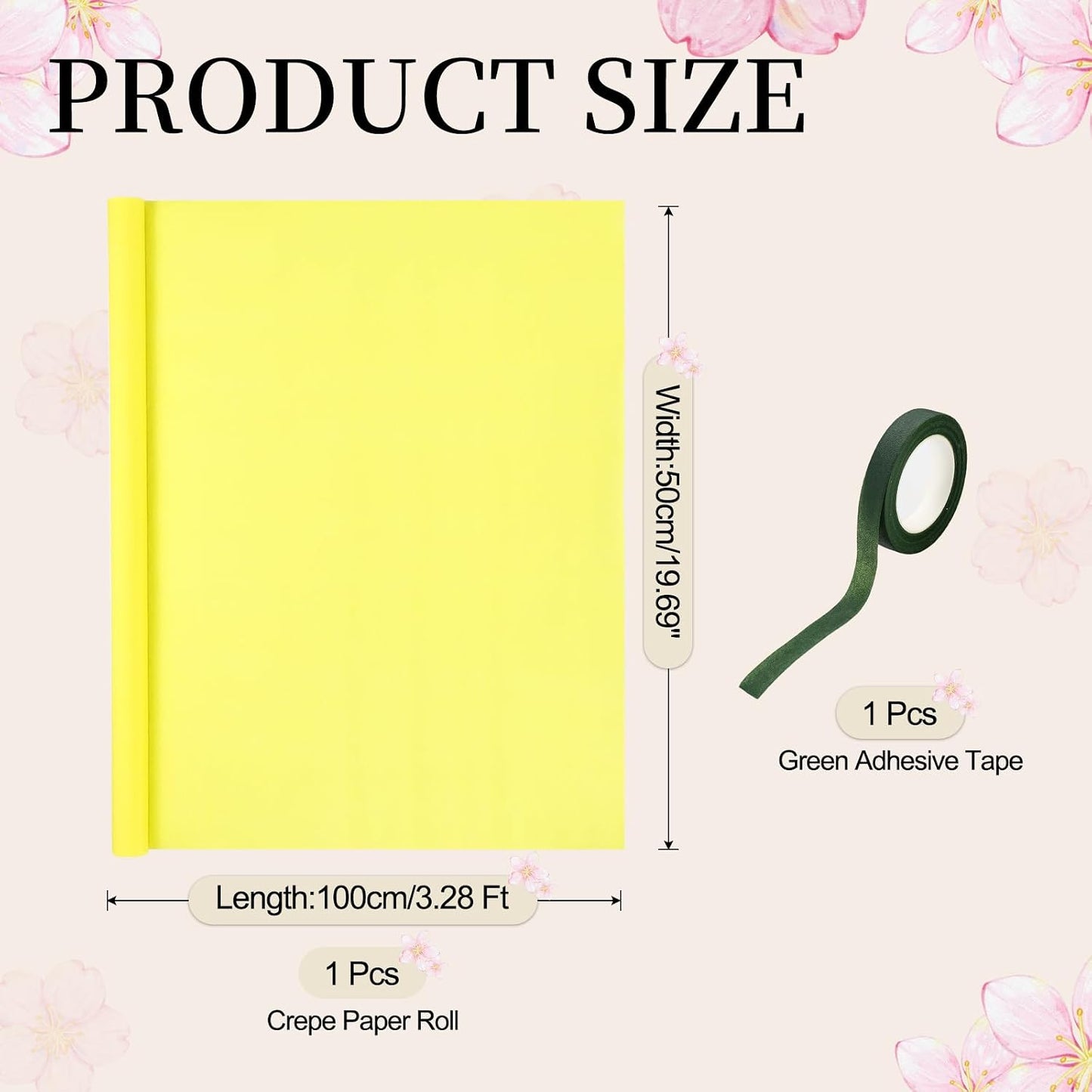 19.7" Wide 3.3Ft Long Crepe Paper Roll, Crepe Paper Sheets with Adhesive Tape for Flower Making DIY Gift Wrapping Wedding Ceremony Decoration (Lemon Yellow, Pack of 2)