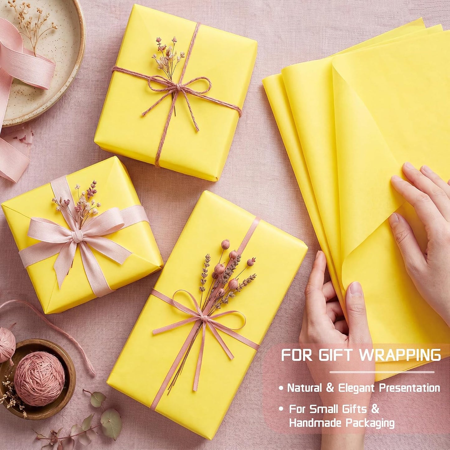 Tissue Paper for Gift Bags 12x20 Inches-120 Sheets | Durable Yellow Tissue Paper, Packaging, DIY Crafts, Weddings, Birthdays, Box Bag Filler,and Holiday Decorations
