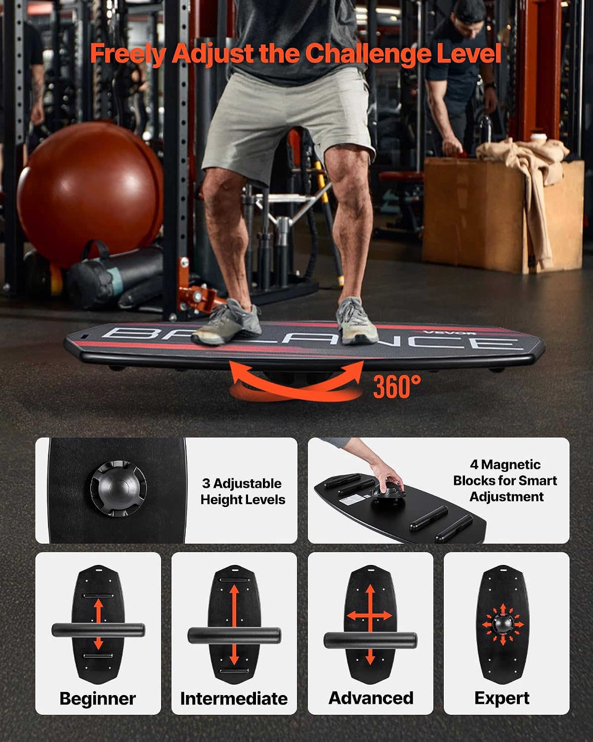 Balance Board, 2-in-1 Wobble Board Trainer for Adults, Premium Wooden Balance Training Equipment, with Roller, Magnetic Stoppers, Storage Rack, for Core Workouts, Surf Trainer & Physical Therapy