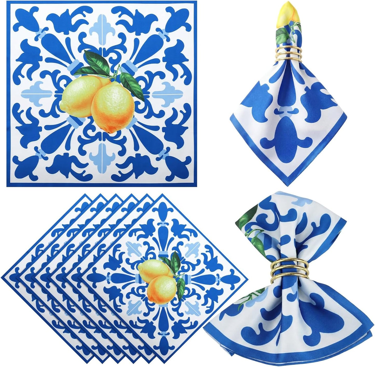 6 Pcs Capri Lemon Napkins Polyester 17" x 17" Italy Blue Tiles Lemon Napkins Summer Napkin Washable Reusable Blue and Yellow Napkin for Italian Theme Birthday Party Dinner Table Wedding Decor