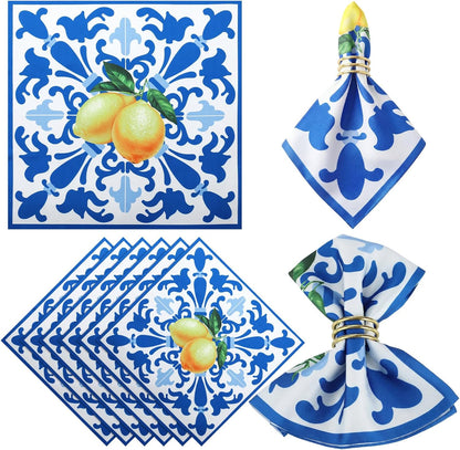 6 Pcs Capri Lemon Napkins Polyester 17" x 17" Italy Blue Tiles Lemon Napkins Summer Napkin Washable Reusable Blue and Yellow Napkin for Italian Theme Birthday Party Dinner Table Wedding Decor