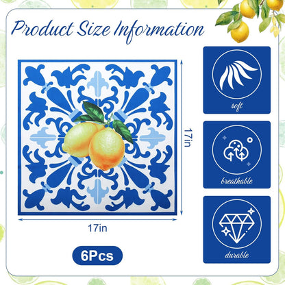 6 Pcs Capri Lemon Napkins Polyester 17" x 17" Italy Blue Tiles Lemon Napkins Summer Napkin Washable Reusable Blue and Yellow Napkin for Italian Theme Birthday Party Dinner Table Wedding Decor