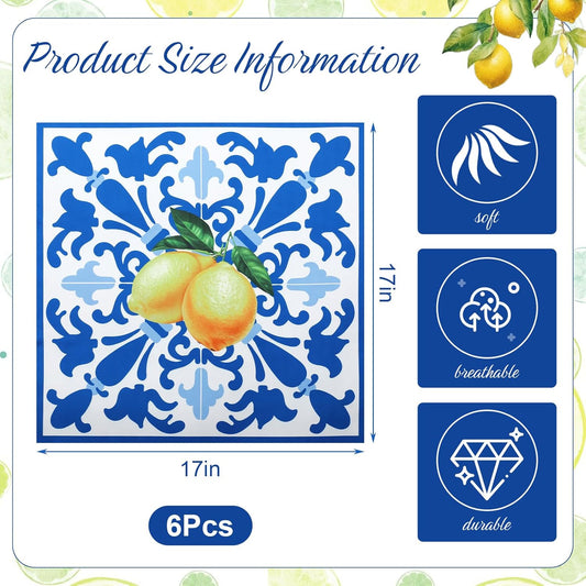 6 Pcs Capri Lemon Napkins Polyester 17" x 17" Italy Blue Tiles Lemon Napkins Summer Napkin Washable Reusable Blue and Yellow Napkin for Italian Theme Birthday Party Dinner Table Wedding Decor