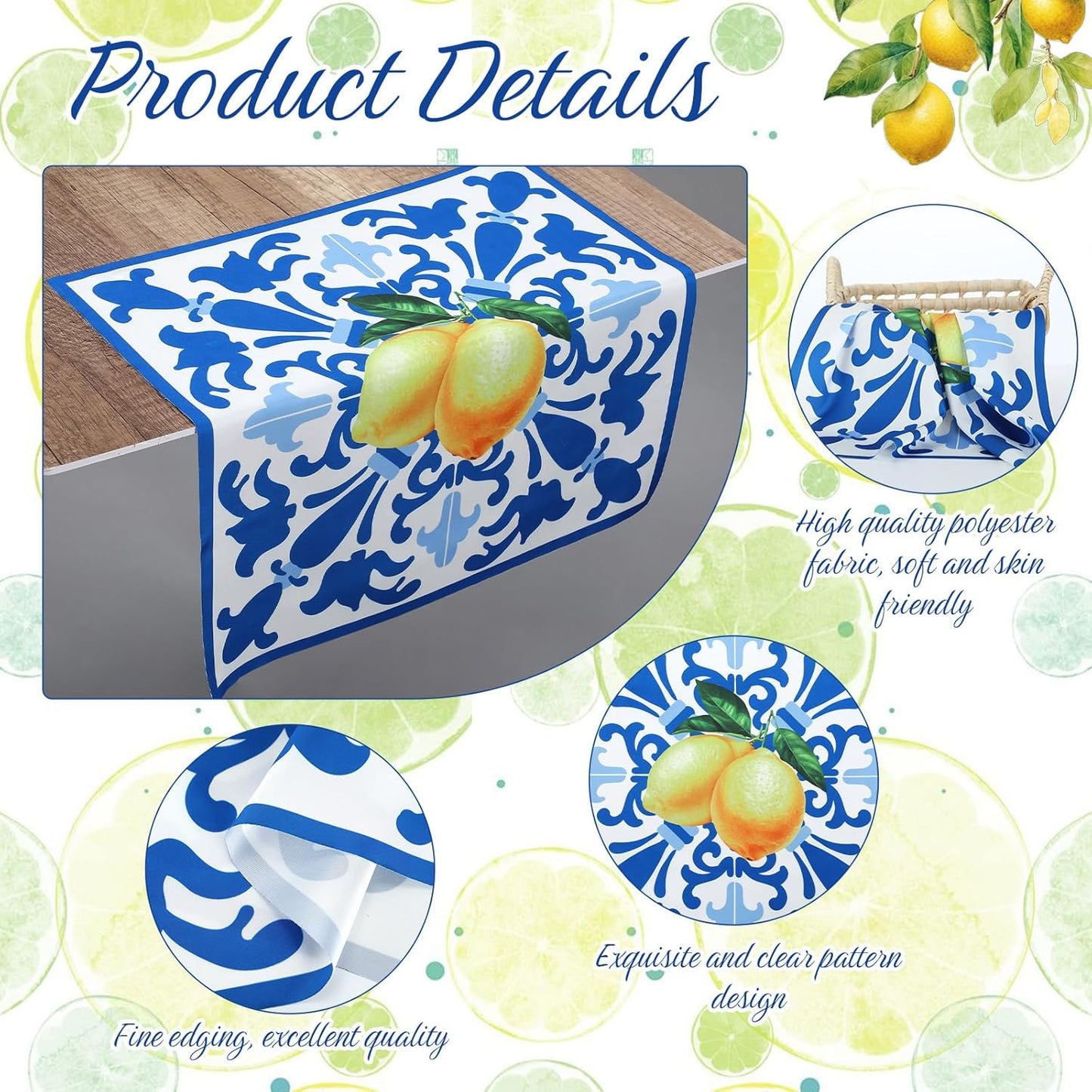 6 Pcs Capri Lemon Napkins Polyester 17" x 17" Italy Blue Tiles Lemon Napkins Summer Napkin Washable Reusable Blue and Yellow Napkin for Italian Theme Birthday Party Dinner Table Wedding Decor