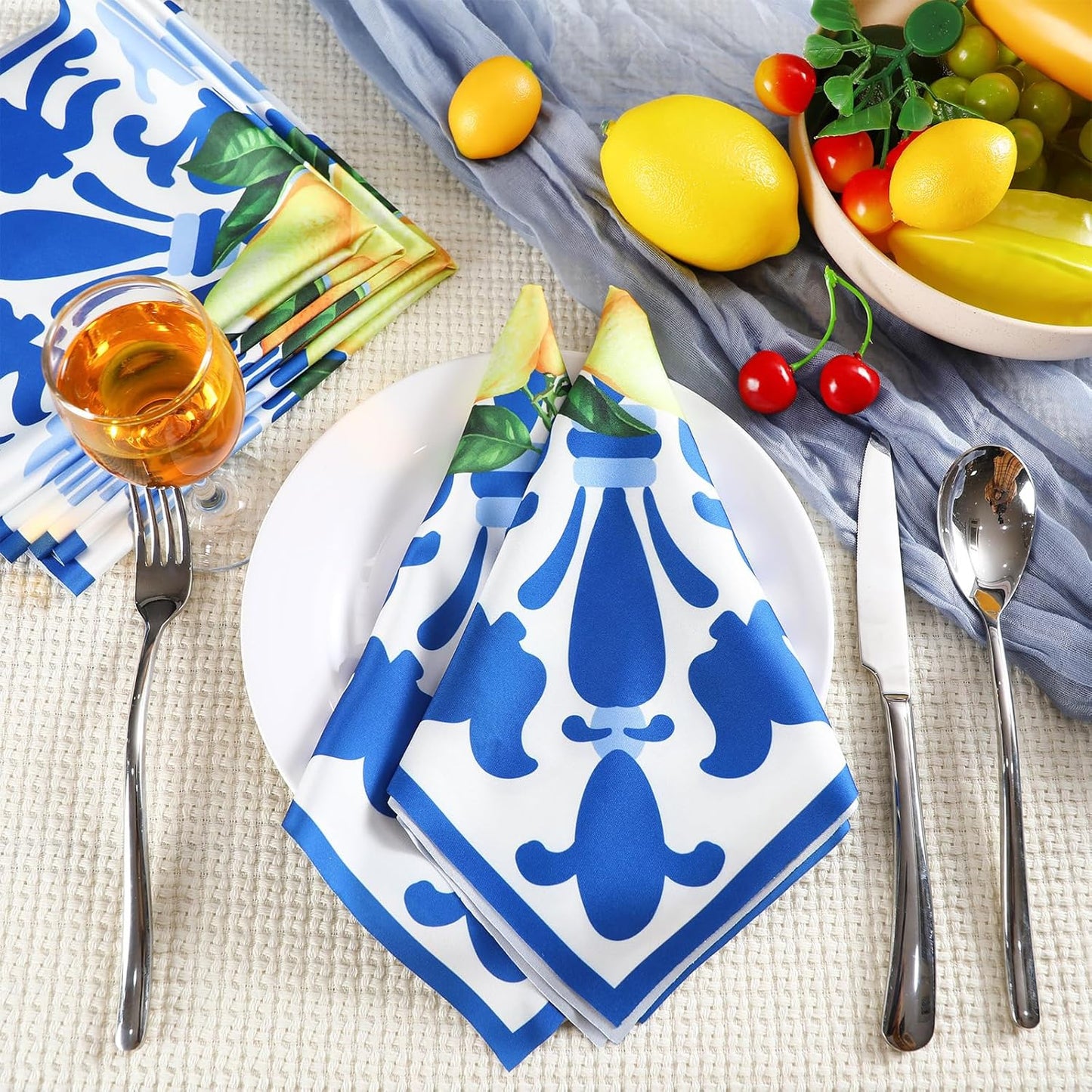 6 Pcs Capri Lemon Napkins Polyester 17" x 17" Italy Blue Tiles Lemon Napkins Summer Napkin Washable Reusable Blue and Yellow Napkin for Italian Theme Birthday Party Dinner Table Wedding Decor